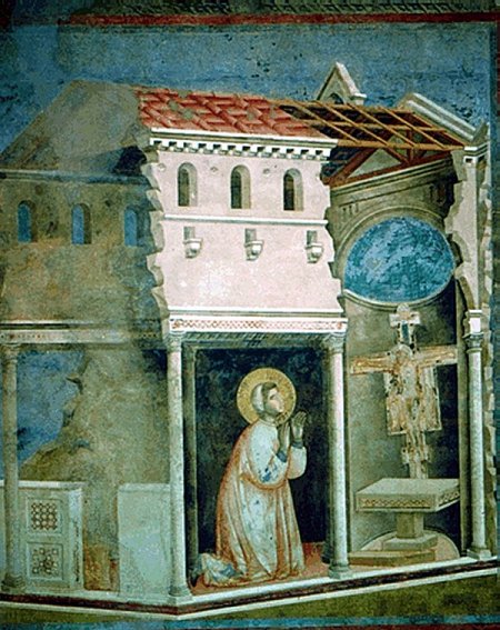 Frans i bn foran krucifixet i San Damiano